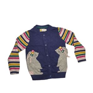 Mini Boden Girls Navy Easter Bunny Cardigan with Striped Sleeves- Size 3/4